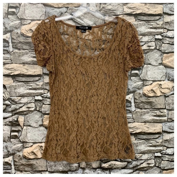 #28 Y2K Forever 21 Ruched Sleeve Tan Lace Knit Blouse Shirt Top Medium - Picture 1 of 5
